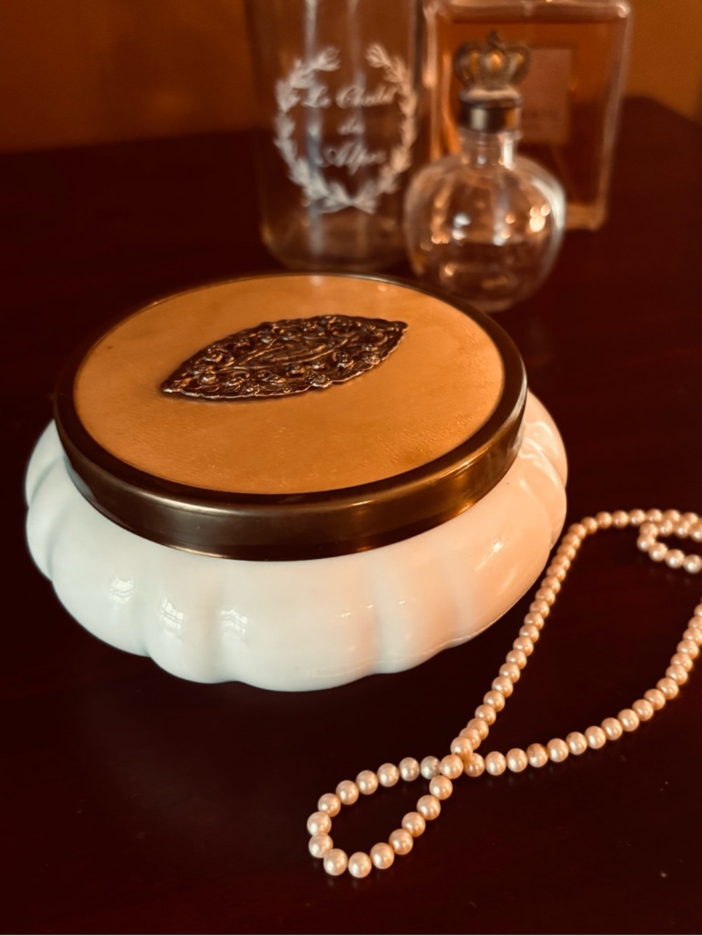 Vintage Matson Hollywood Regency Milk Glass Powder Jar Gold Lid Made in Japan